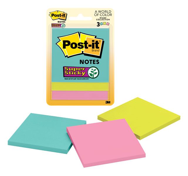 Post-it® Super Sticky Notes 3321-SSMIA, 3 in x 3 in (76 mm x 76 mm), Miami  Collection, 3 Pads/Pack, 45 Sheets/Pad