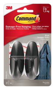 Command™ Medium Black Designer Hooks, 2 hooks, 4 strips 17081BLK-ES