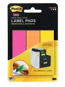 Post-it® Super Sticky Label Pads 2900-FOY, 1 in. x 3 in. Fireball Fuchsia, Neon Orange and 3M Yellow, 3 Pads, 75 Labels