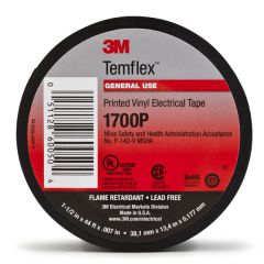 3M™ Temflex™ Mining-Grade Vinyl Electrical Tape 1700P, Printed, 3/4 in x 66 ft, Black, 1 roll/carton, 100 rolls/case