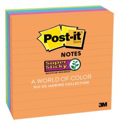 Post-it® Super Sticky Notes 675-4SSUC, 4 in x 4 in (101 mm x 101 mm) Rio de Janeiro Collection, Lined , 4 Pads/Pk
