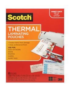 Scotch™ Thermal Pouches TP-8000-VP, Variety Pack of letter size, 4"x6" size, and wallet size pouches