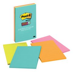 Post-it® Super Sticky Notes 4621-SSMIA, 4 in x 6 in (101 mm x 152 mm), Miami Collection, 4 Pads/Pack, 45 Sheets/Pad, Lined