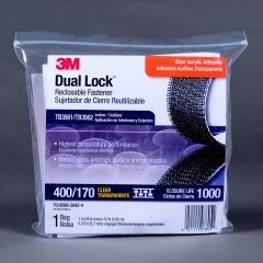 3M™ Dual Lock™ Reclosable Fastener TB3561/TB3562, Clear, 1 in x 10 ft,
Type 400/170, 1 Mated Strip per Bag, 8 bags per case