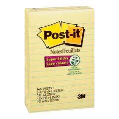 Post-it® Super Sticky Notes 660-3SSCY, 4 in x 6 in Canary Yellow, Lined, 3 Pads/Pack