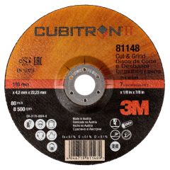 3M™ Cubitron™ II Cut and Grind Wheel, 28766, T27 Quick Change, 9 in x
1/8 in x 5/8-11 in, 10 per inner, 20 per case