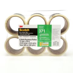 Scotch® Box Sealing Tape 371, Clear, 72 mm x 50 m, 24 per case (6
rolls/pack 4 packs/case), Conveniently Packaged